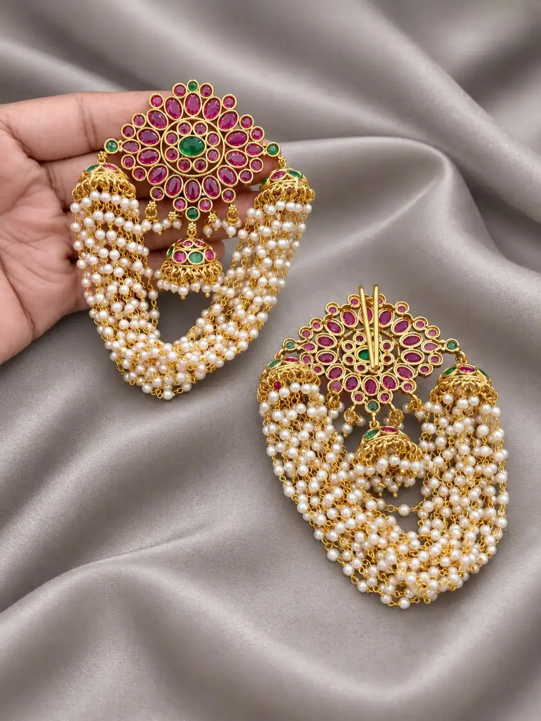 Floral Pearl Kempu Jhumka Rakodi